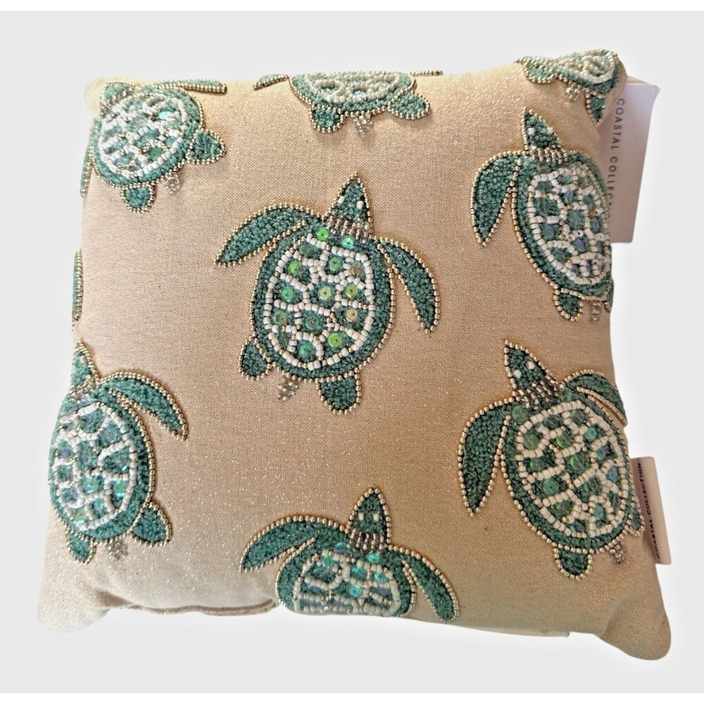 Coastal Collection Sea Turtle Blue Beaded Beige Throw Pillow 13”X 13” Beach